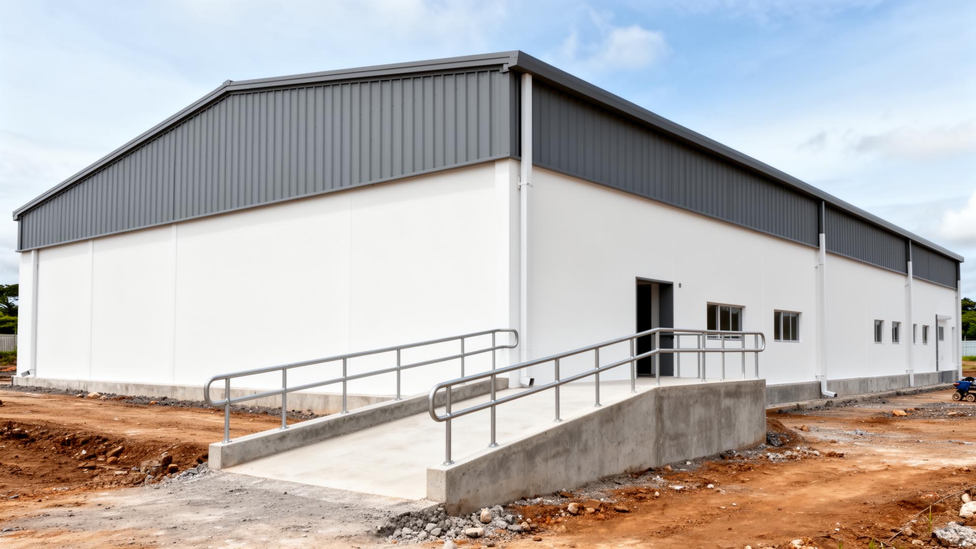 Exterior bodega con rampa y barandal